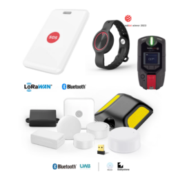 Dispositivi RTLS per gestione evacuazioni aziendali con badge SOS, smartwatch e sensori BLE LoRaWAN UWB per localizzazione in tempo reale.